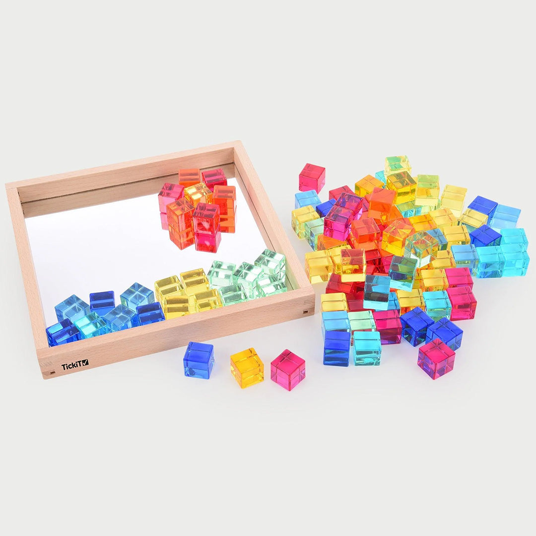TickiT Blokkenset Gem Cubes in houten spiegelbak, 100-stuks