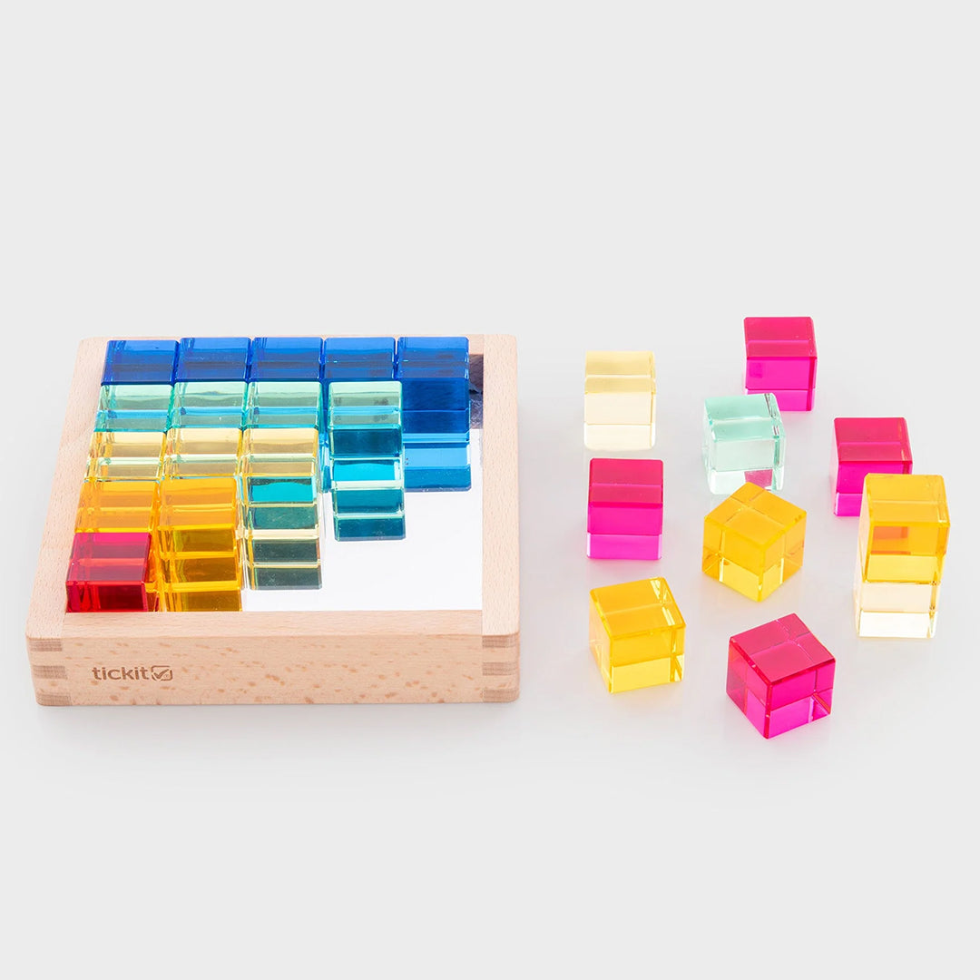 TickiT Blokkenset Gem Cubes in houten spiegelbak, 25-stuks
