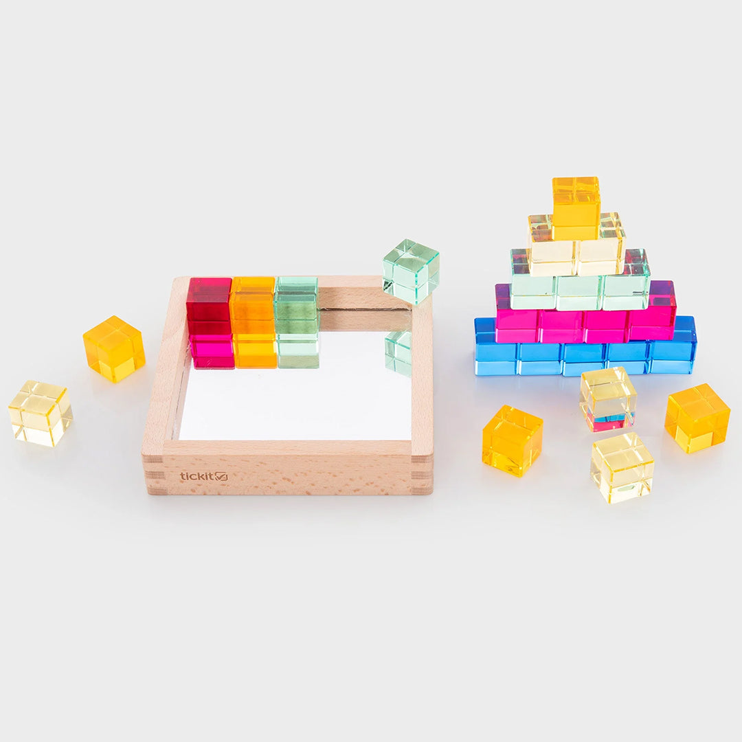 TickiT Blokkenset Gem Cubes in houten spiegelbak, 25-stuks