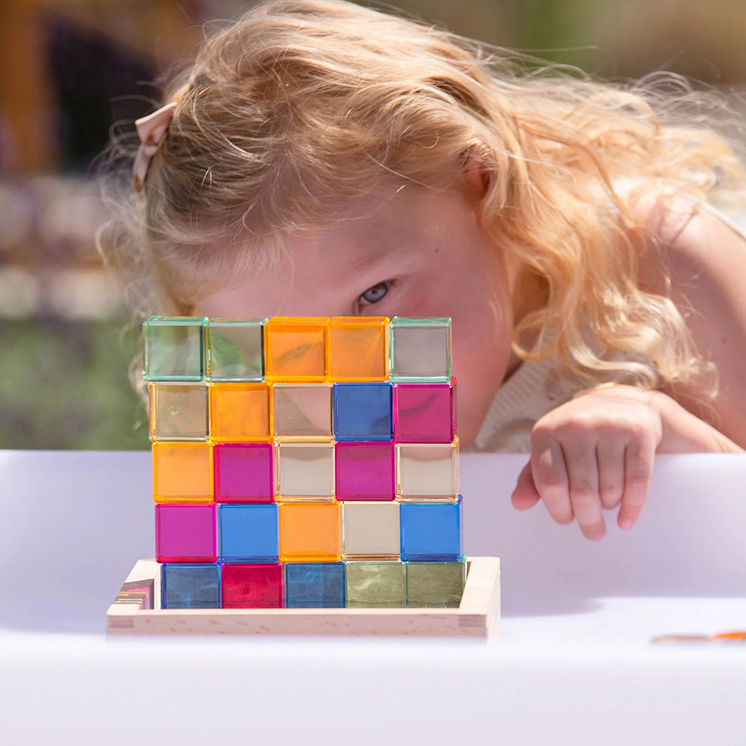 TickiT Blokkenset Gem Cubes in houten spiegelbak, 25-stuks
