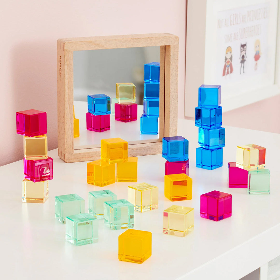 TickiT Blokkenset Gem Cubes in houten spiegelbak, 25-stuks