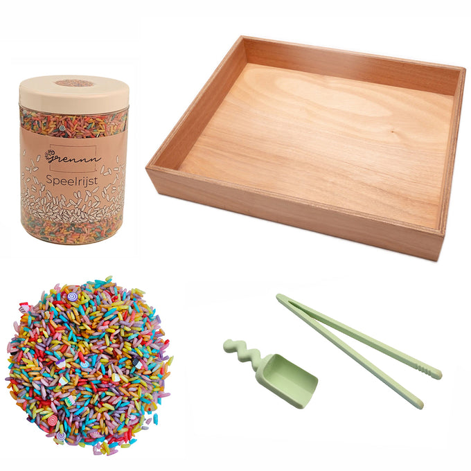 Grennn Voordeelset - Grote Speelbak + 750 gram speelrijst Candy mix + schepje + pincet groen pastel