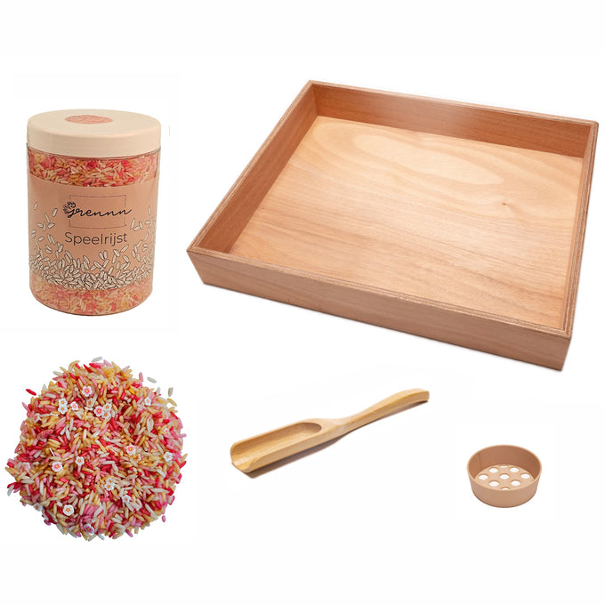 Grennn Voordeelset - Grote Speelbak + 750 gram speelrijst Roze bloemen mix + schepje en zeef