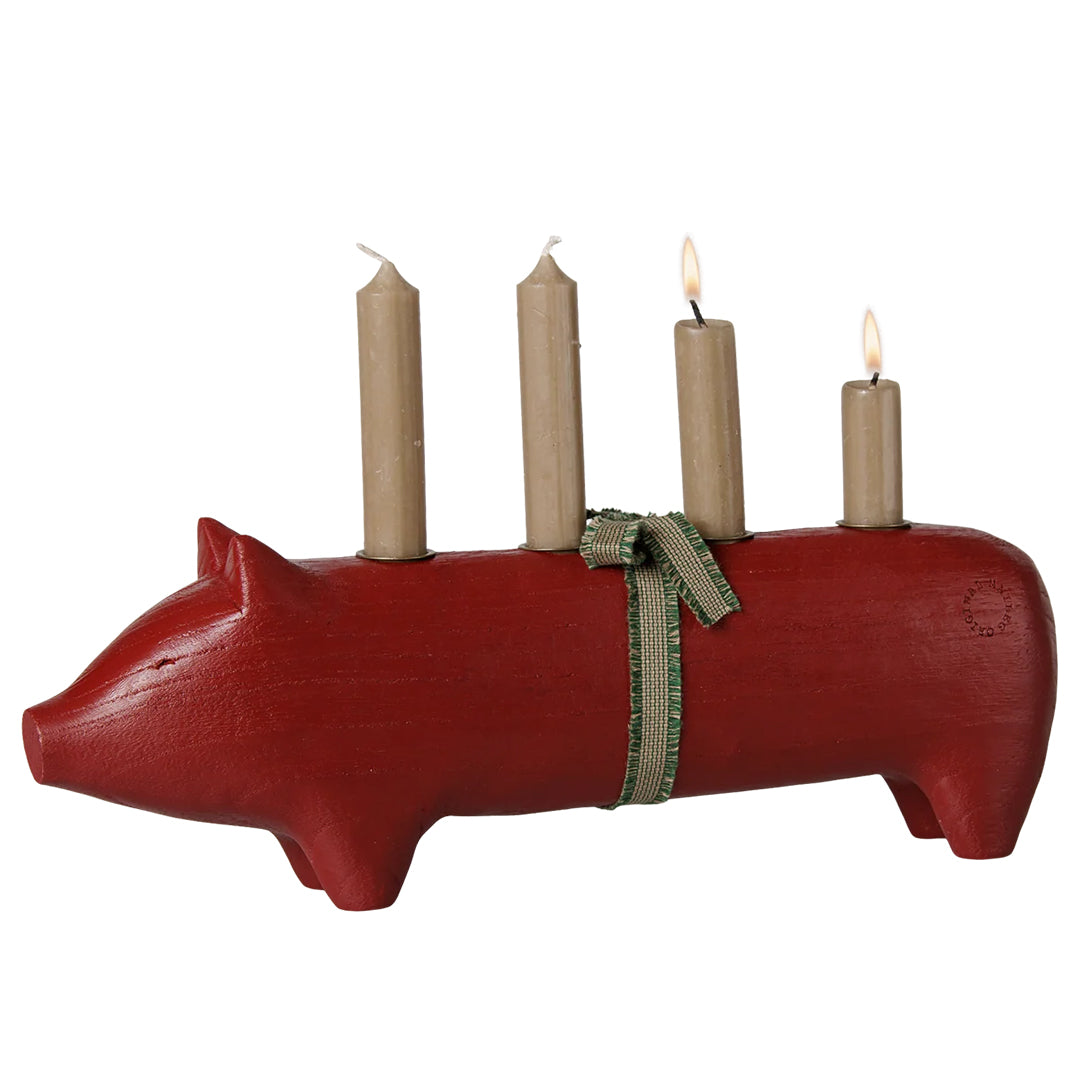 Maileg Houten Advent Kandelaar Varken, Candle holder Pig, Advent Large - Red