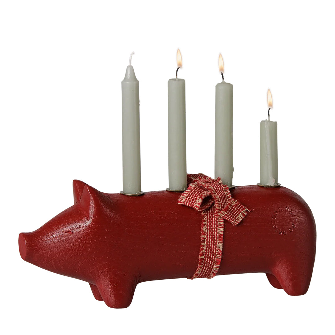 Maileg Houten Advent Kandelaar Varken, Candle holder Pig, Advent medium - Red