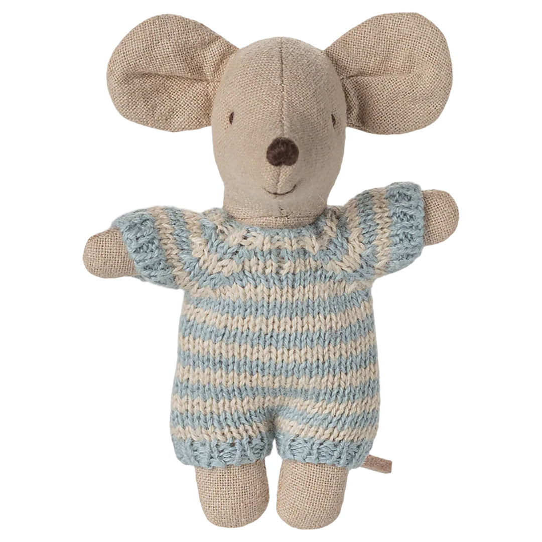Maileg Baby muis in reiswieg, Baby Mouse in Carrycot, Blue, 9,5 cm.