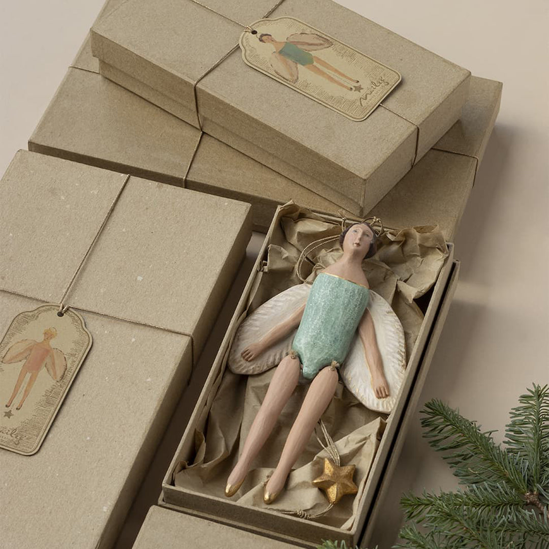 Maileg Engel trekpop, Angel jumping jack with halo, Small - Mint, 20,5cm