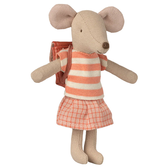 Maileg grote zus Muis met Rugzak, Tricycle mouse, Coral