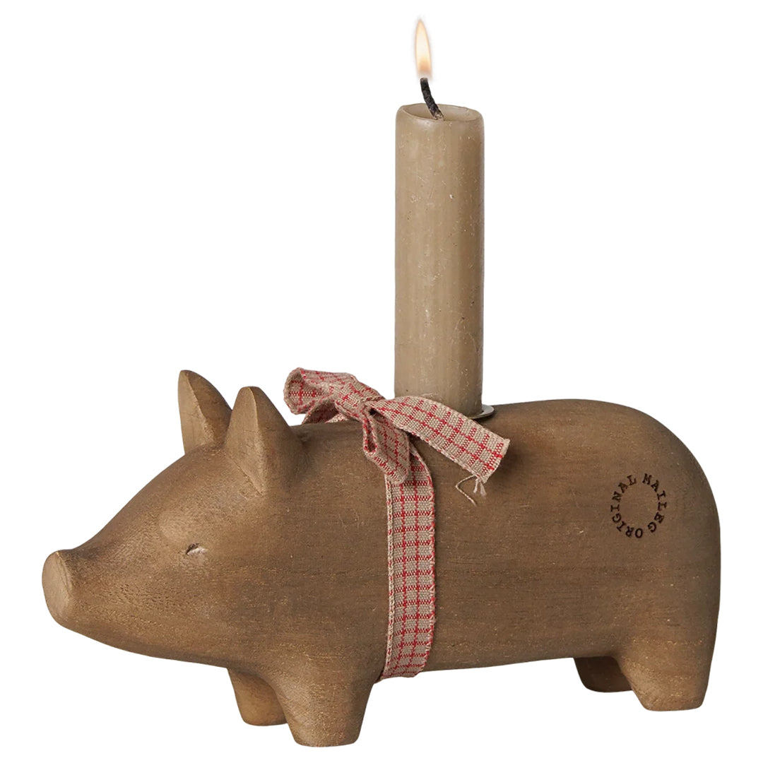 Maileg Houten Kandelaar Varken, Candle holder Pig, Medium - Nature