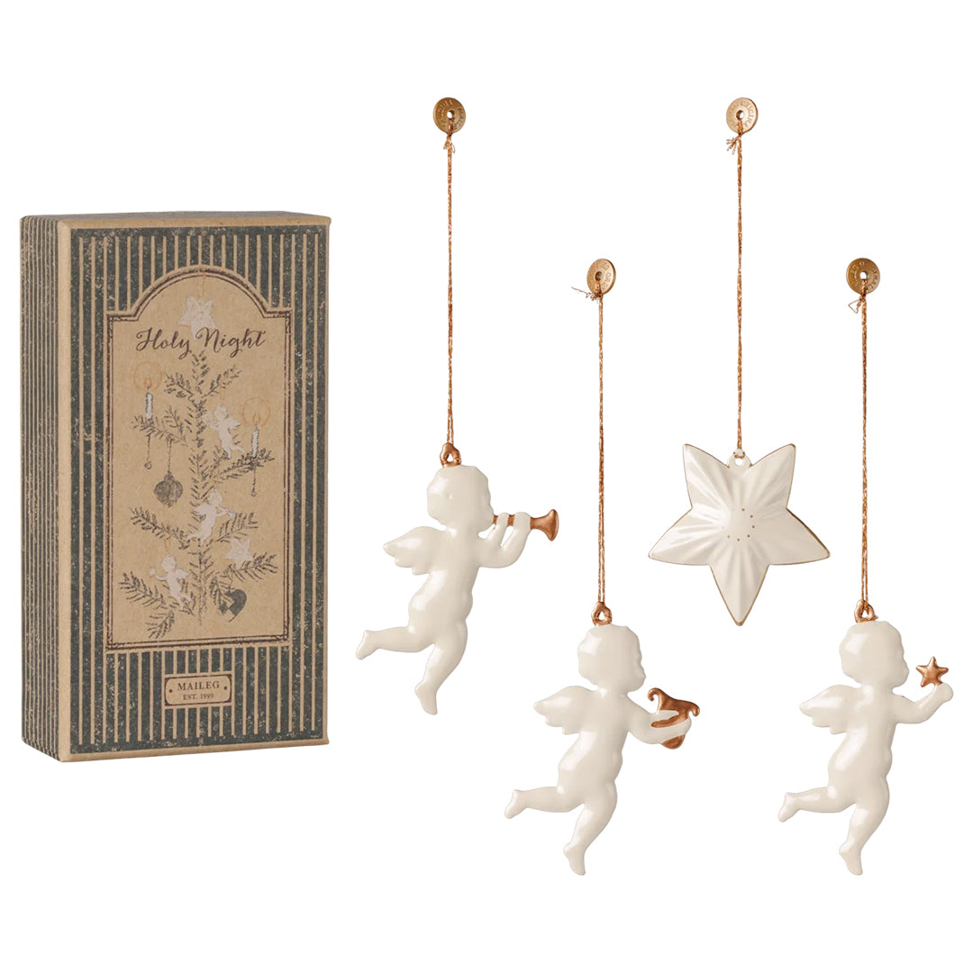 Maileg 4 Metalen Kerst ornamenten in doosje, Metal ornament set - Holy night - Off White
