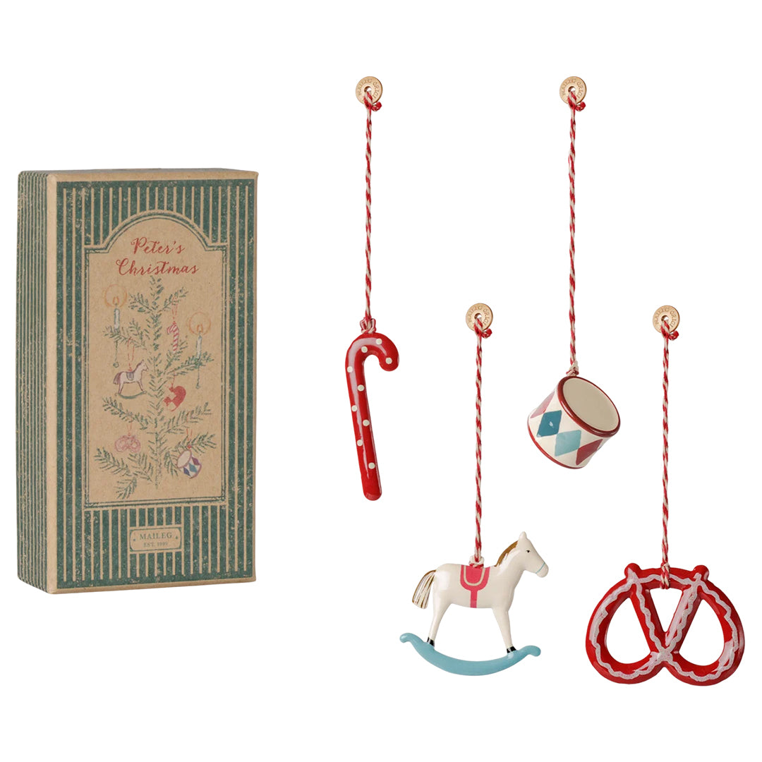Maileg 4 Metalen Kerst ornamenten in doosje, Metal ornament set - Peter's Christmas - Red/Blue