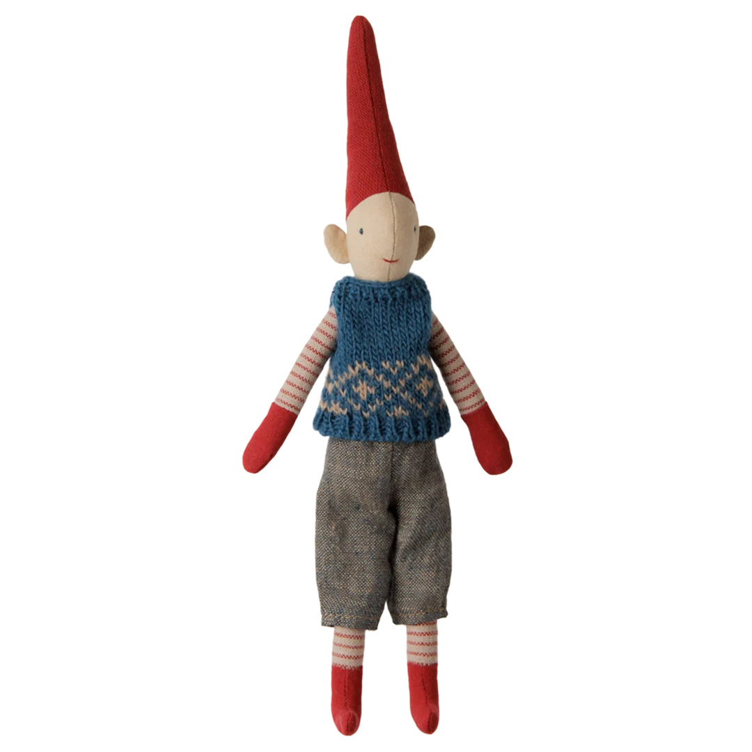 Maileg Pixy, Size 1 - Climbing Pixy, Boy, Blue knitted vest, 26 cm