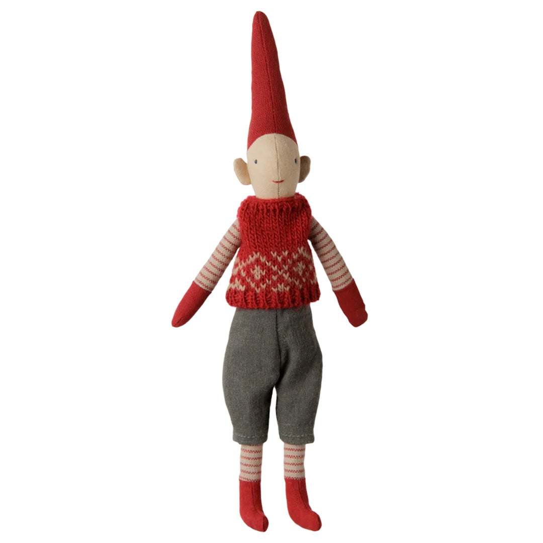 Maileg Pixy, Size 1 - Climbing Pixy, Boy, Red knitted vest, 26 cm