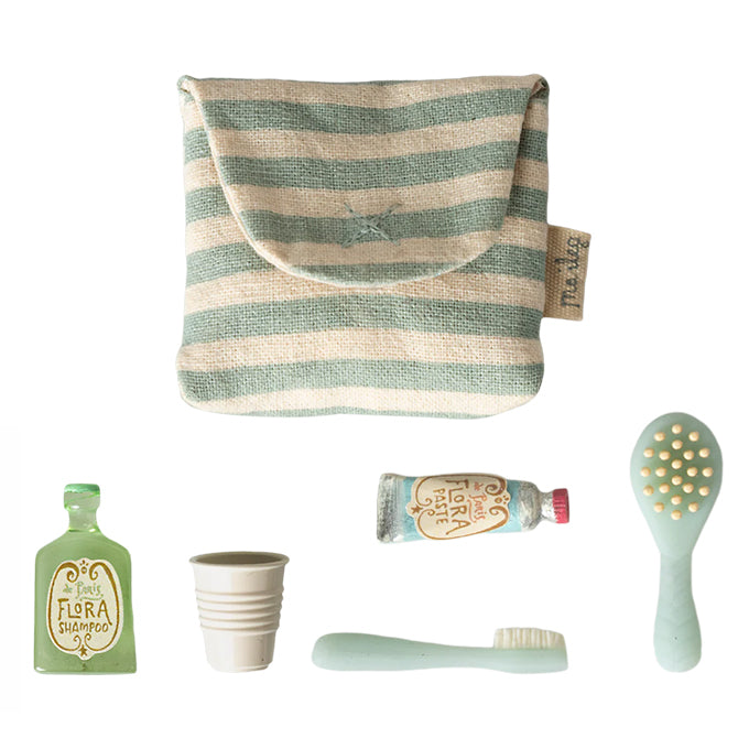 Maileg Tandenborstel Set in Toilettas voor Muizen, Toothbrush set in bag - Blue stripe
