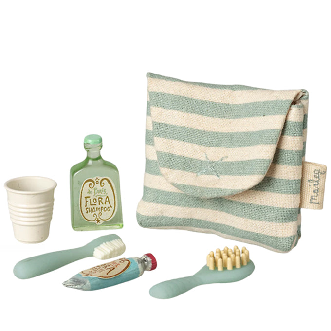 Maileg Tandenborstel Set in Toilettas voor Muizen, Toothbrush set in bag - Blue stripe