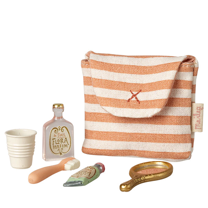 Maileg Tandenborstel Set in Toilettas voor Muizen, Toothbrush set in bag - Coral stripe