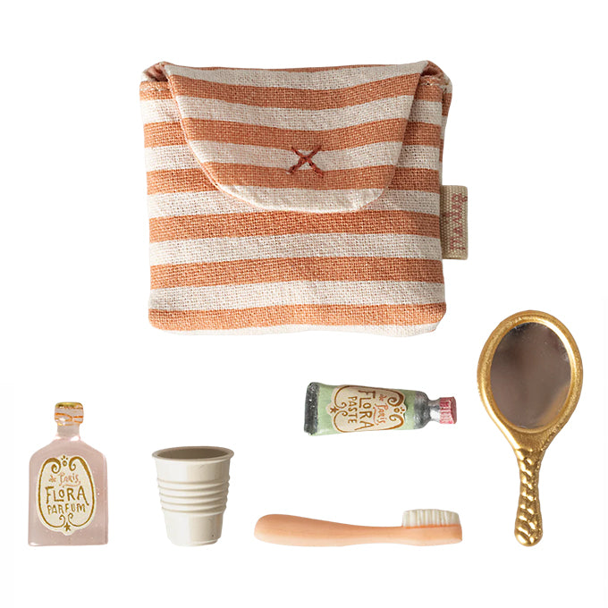 Maileg Tandenborstel Set in Toilettas voor Muizen, Toothbrush set in bag - Coral stripe
