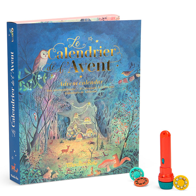 Moulin Roty Adventskalender met Verhaaltjeslamp en 23 schijfjes 'La Grande Famille'