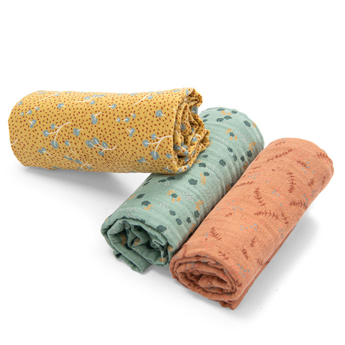 Moulin Roty Set van 3 Swaddles / hydrofieldoeken, 'Trois Petits Lapins'