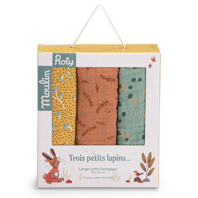 Moulin Roty Set van 3 Swaddles / hydrofieldoeken, 'Trois Petits Lapins'